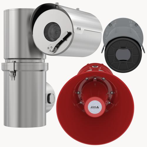 Collage of explosion-protected PTZ camera, thermal camera and horn speaker